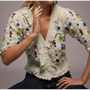 Zara Multicolor Floral Embroidered Knit Cardigan top Ruffles S Beige NWT
